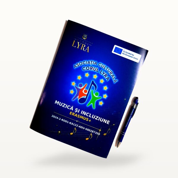 Broșură tipărită pentru un proiect cultural, alături de un pix personalizat
