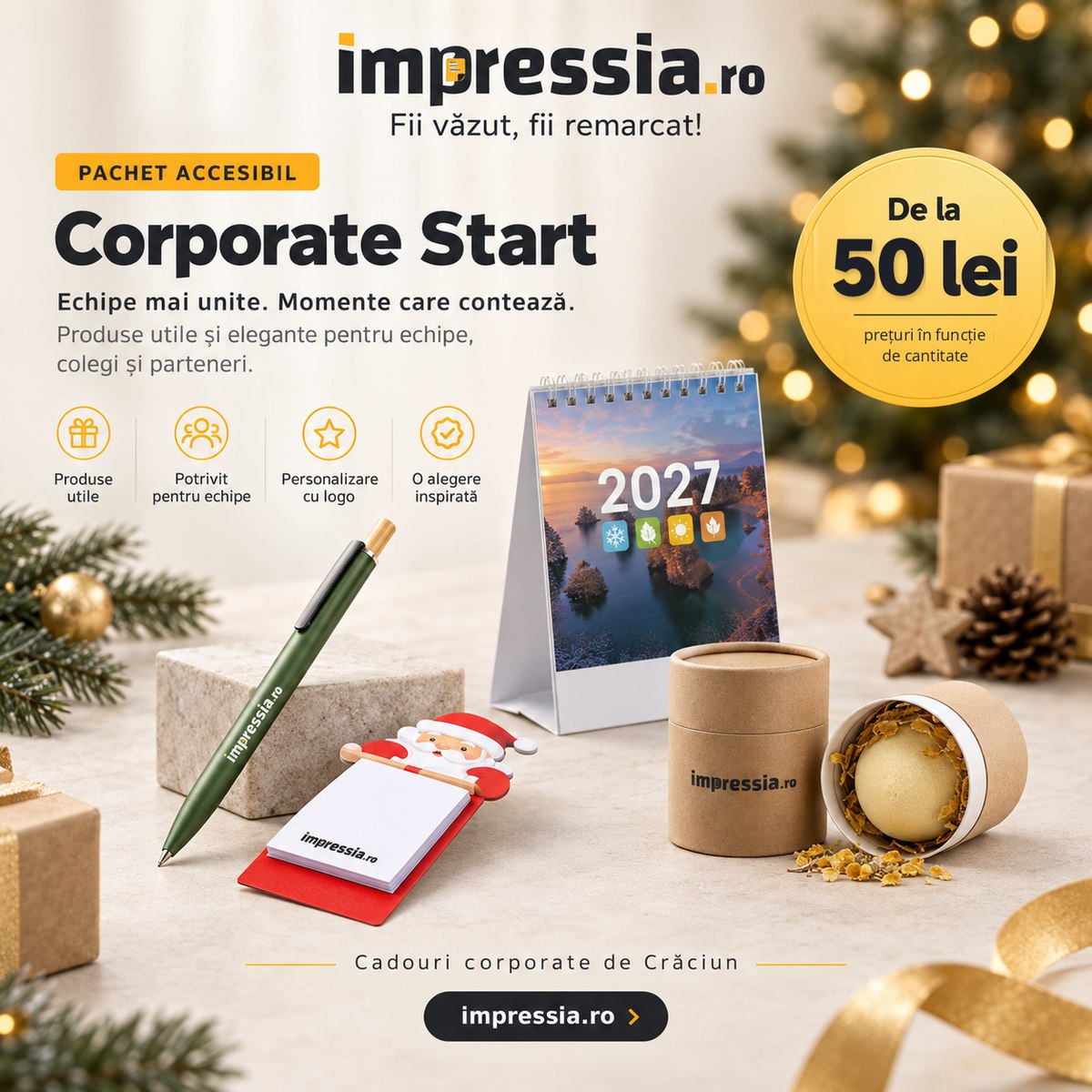 Pachetul Corporate Start — pix, calendar de birou, notes și o bombă de baie, personalizate cu logo