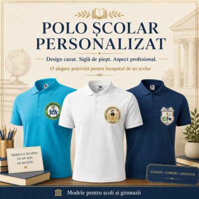 Trei tricouri polo școlare personalizate cu sigla școlii