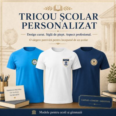 Trei tricouri școlare personalizate cu sigla școlii