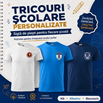 Trei tricouri școlare personalizate cu sigla școlii, în alb, albastru și bleumarin